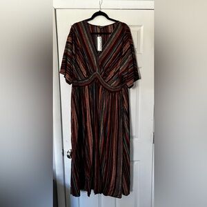 BloomChic Striped V-Neck Midi Dress in Rust, Teal, Black and Cream